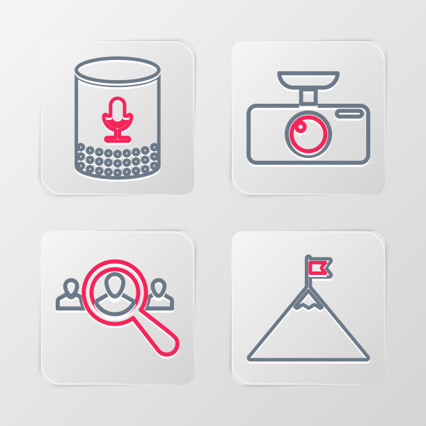 设置线山和国旗，放大镜搜索的人，汽车DVR和语音助手图标。向量图片下载