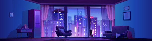 夜间客厅室内设有全景窗图片下载