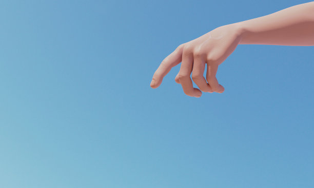 人类的手做着指手画脚的动作，就像天上的上帝在蔚蓝的天空上复制空间的背景。人与自然的观念。3D插图渲染图片下载
