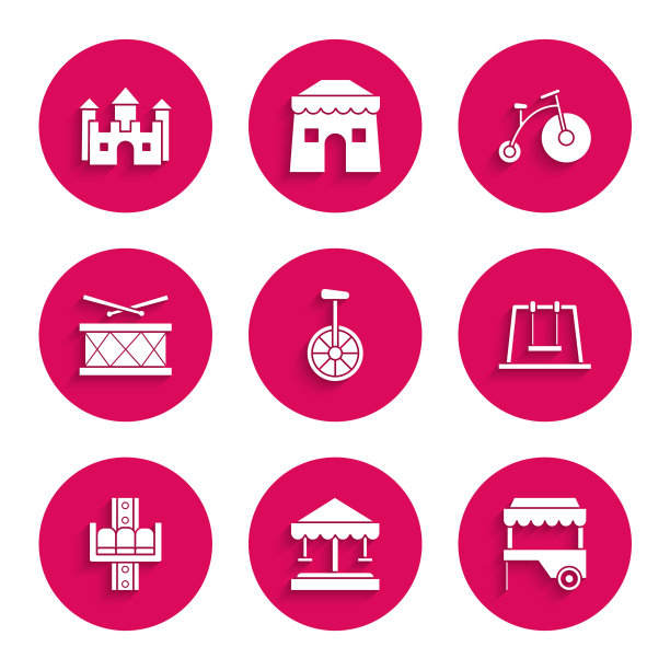 集独轮车或单轮自行车，景点旋转木马，快街食品车与遮阳篷，秋千，鼓鼓棒，复古大小和城堡图标。向量图片下载