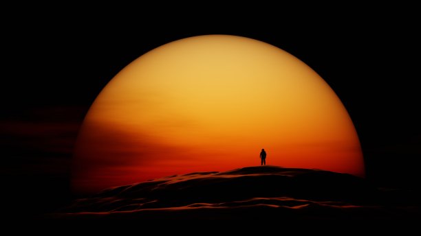 孤独的宇航员在荒凉的星球上看日落。对比火星景观。宇航员在地平线上的大黄红橙太阳的背景。三维渲染图片下载