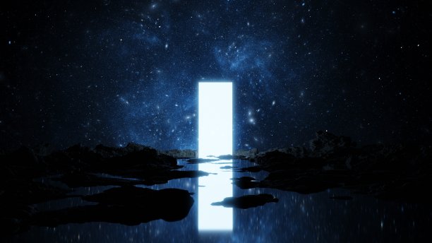 发光的空间入口反射在水中。通往其他世界和星系的大门。未来的恒星和星云之旅。三维渲染图片下载