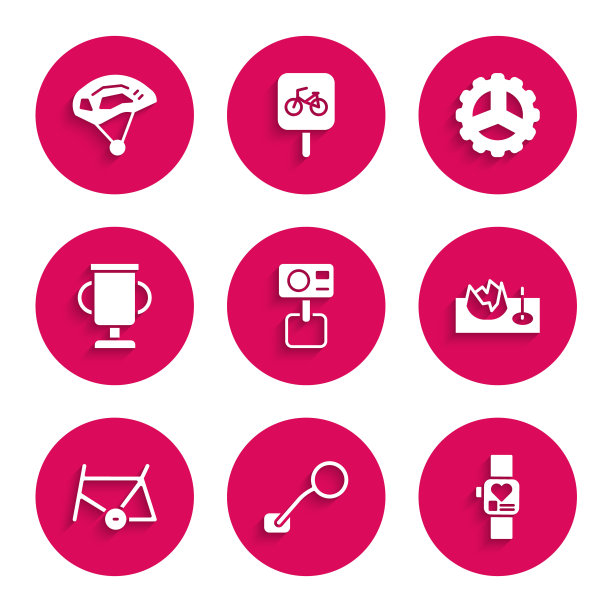 集行动极限相机，自行车后视镜，智能手表，街道坡道，框架，奖杯与自行车，链轮曲柄和头盔图标。向量图片下载