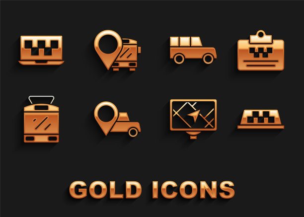 设置位置与出租车，出租车驾驶执照，车顶，Gps设备地图，有轨电车和铁路，汽车，笔记本电脑呼叫服务和巴士图标。向量图片下载