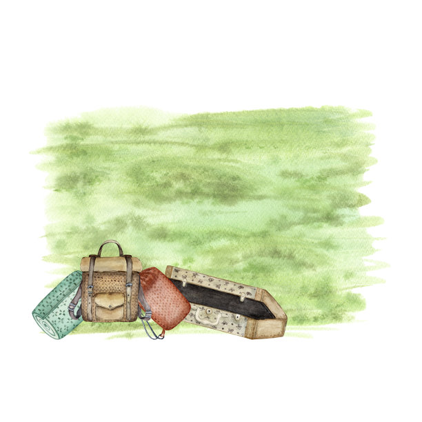 汽车旅行用的一套物品。箱子,背包。水彩插图图片下载