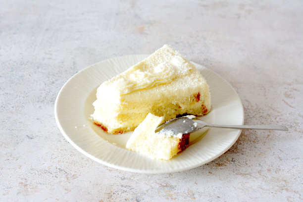 一块蛋糕和一个勺子放在一个白色的盘子里图片下载