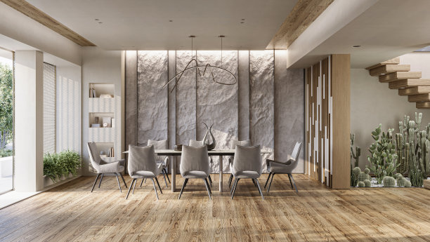 现代客厅内部的山岩墙。天然室内石墙，3d渲染图片下载