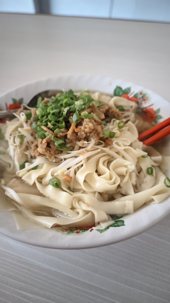 典型的中国菜，面条汤和鱼饺，猪肉调味和大葱作为补充材料图片下载