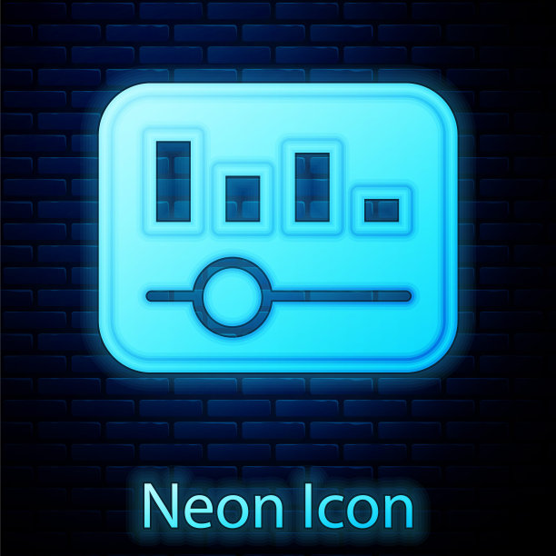 发光的霓虹灯音乐均衡器图标孤立的砖墙背景。声波。音频数字均衡器技术，控制台面板，脉冲音乐。向量图片下载