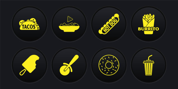 将冰淇淋，墨西哥卷饼，披萨刀，甜甜圈，热狗三明治，玉米片装在盘子里，杯子里放上水和墨西哥玉米饼图标。向量图片下载