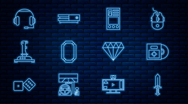 设置线剑游戏，CD DVD光盘在盒子里，创建帐户屏幕，扑克桌，摇杆街机，耳机，钻石和视频控制台图标。向量图片下载