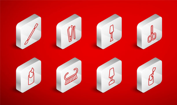 设置线铣刀修指甲，指甲，抛光，剪刀，角质层推手，修脚刷磨碎器和修指甲图标。向量图片下载