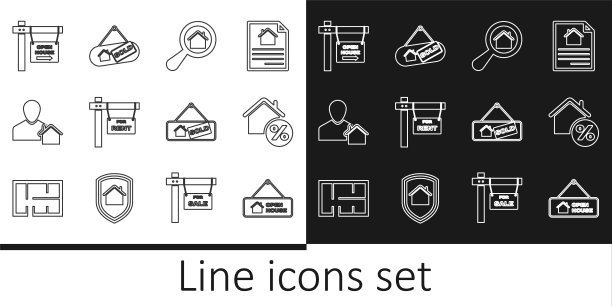 设置线悬挂标志与开放的房子，房子的百分比，搜索，出租，房地产经纪人，出售和图标。向量图片下载