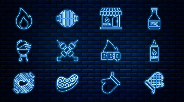 主营烤箱手套，番茄酱瓶，烧烤购物楼，烤羊肉串，烤架，火焰，火焰和图标。向量图片下载