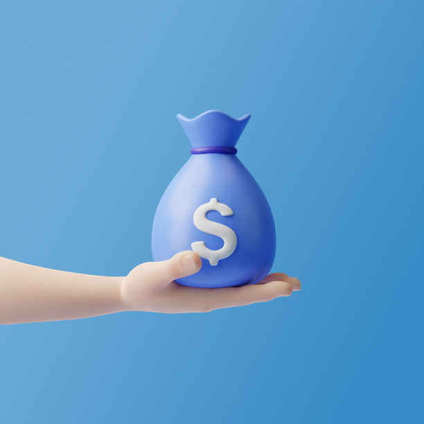 蓝色背景的卡通手拿着一袋钱图片下载