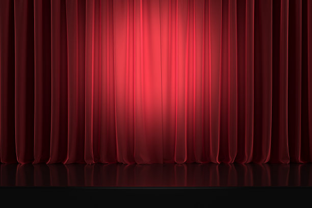 以舞台形式的模型，有一个封闭的戏剧帷幕。柔和的灯光和中心的聚光灯。3 d渲染。图片下载