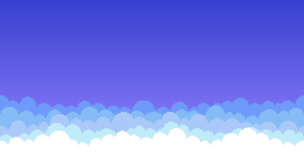 复古平台风格的蓝色天空中白色卷曲云彩的8位像素艺术插图图片下载