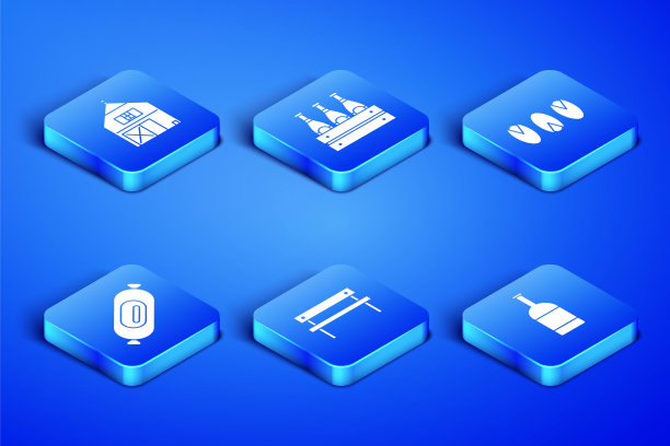 集啤酒瓶，农场的房子，长凳，萨拉米香肠，包装的啤酒瓶和开心果图标。向量图片下载