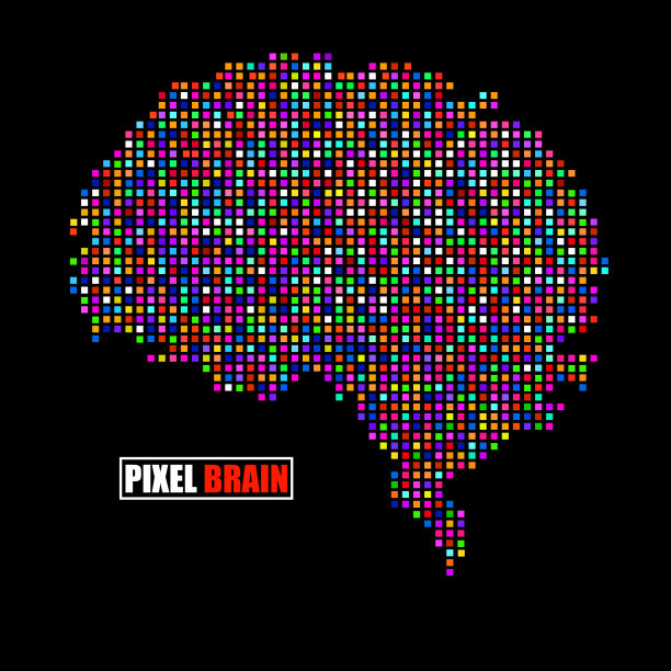 像素大脑孤立在黑色背景。矢量标志图片下载