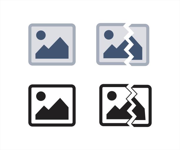 采购产品图像图标，破碎的图片符号，照片，摄影，有缺陷的，腐败的，看视图标志，矢量插图图片下载