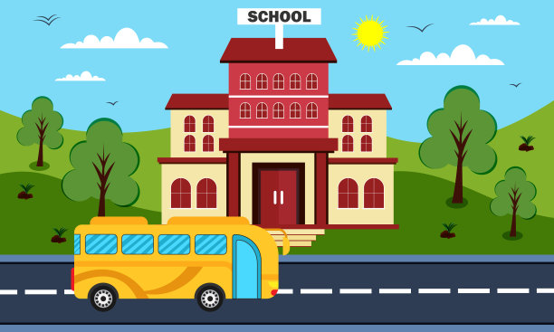 学校建筑在平面矢量插图壁纸回到学校背景卡通与公共汽车图片下载