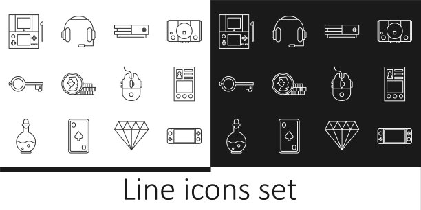 设置线便携式视频游戏机，创建帐户屏幕，视频，硬币，古键，电脑鼠标游戏和耳机图标。向量图片下载