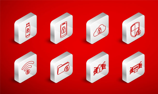 设置线计算机api接口，智能手机锁，云计算，屏蔽安全，网络，USB闪存驱动器，文件夹和Wifi锁定图标。向量图片下载