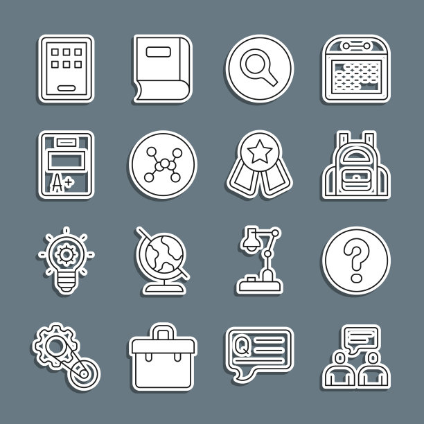 两个坐着说话的人，带问题的演讲气泡，学校背包，放大镜，化学式，考试表A +分数，图形板和奖章星星图标。向量图片下载