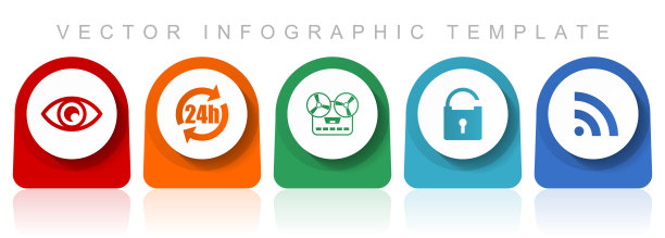 媒体图标集，平面设计各种彩色图标，如眼睛，24小时，音乐记录器，挂锁和信号的网页设计和移动应用程序，信息图形矢量模板在eps 10图片下载