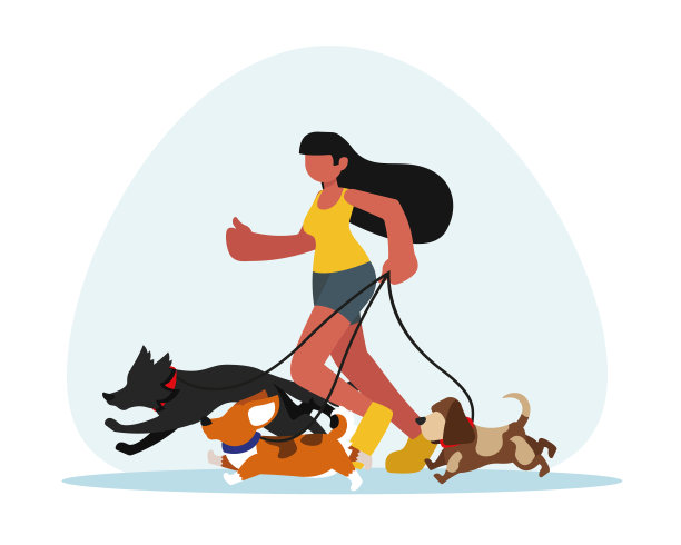 卡通志愿者女孩与狗慢跑插图图片下载