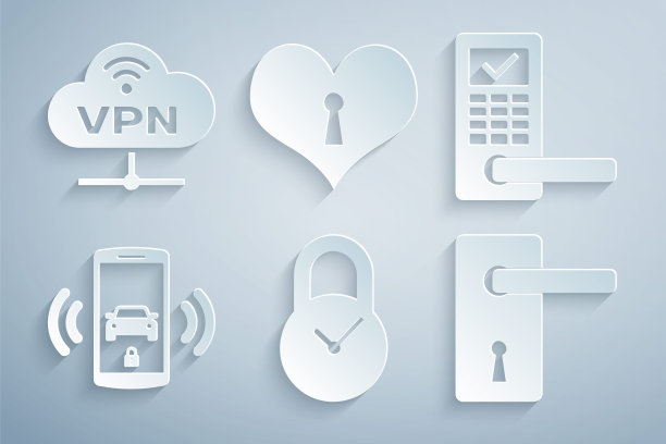 设置挂锁时钟，数字门无线，智能汽车报警系统，门把手，心锁孔和VPN网络云连接图标。向量图片下载