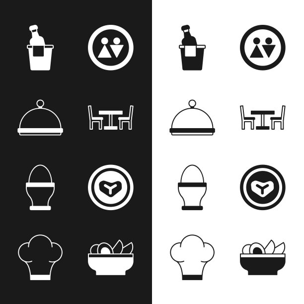 设置木桌与椅子，覆盖托盘，香槟在冰桶，马桶，鸡蛋在展台上，牛排肉盘，玉米片和厨师帽子图标。向量图片下载