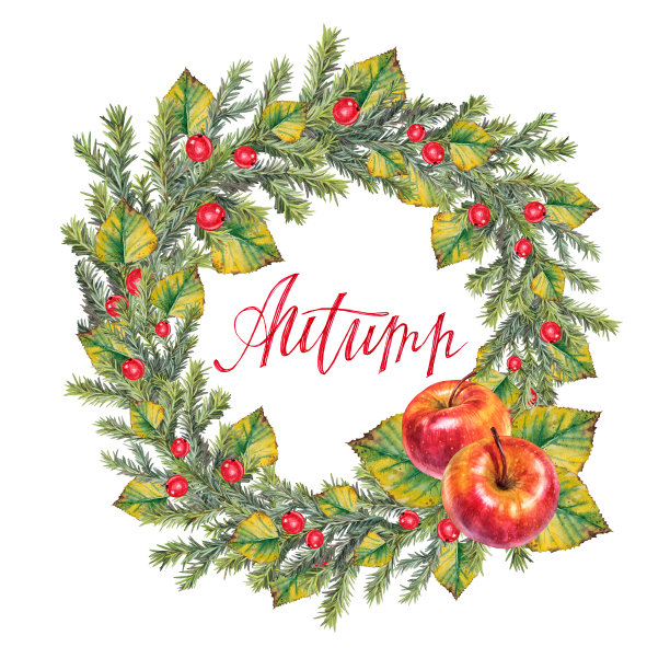 水彩秋季圆框。树枝与树叶，浆果和苹果孤立在白色的背景。刻字。邀请的边界。手绘剪贴画的圣诞节庆祝活动或包装图片下载