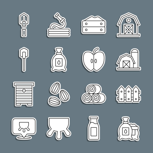 集线包充满种子的植物，花园栅栏木，农场的房子，袋面粉，铲子，和苹果图标。向量图片下载