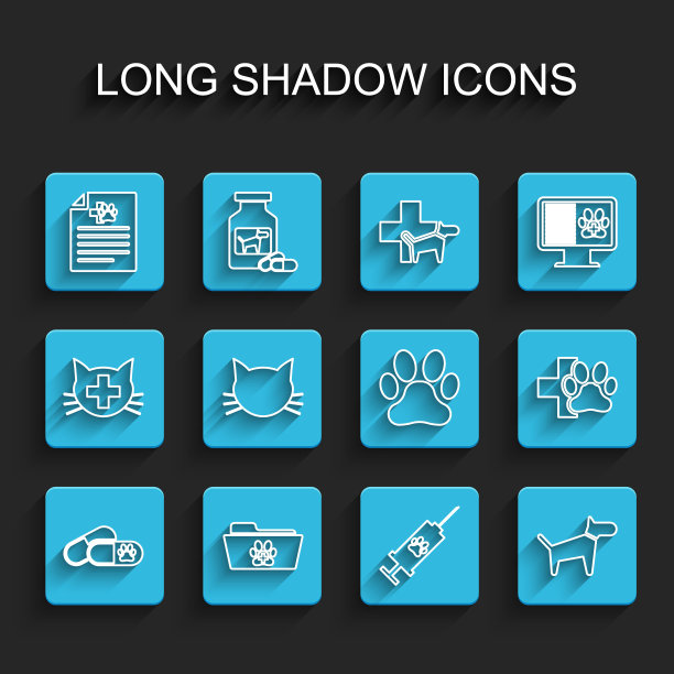 设置线狗和药丸，医学兽医记录文件夹，狗猫证书，注射器与宠物疫苗，猫，兽医诊所和爪印图标。向量图片下载