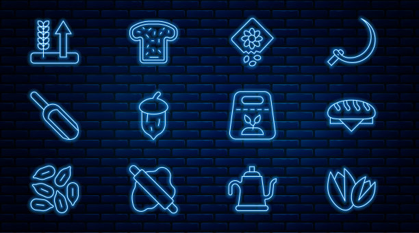 设线开心果，面包条，装满种子的植物，橡子，橡树果，勺面粉，小麦，和吐司图标。向量图片下载