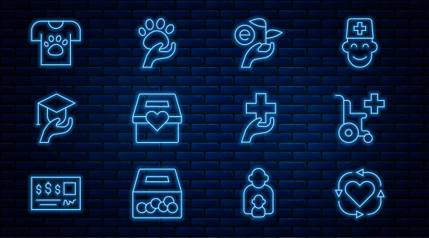 志愿者、残疾人轮椅、手持树叶、慈善捐赠、教育基金、动物保护志愿者、十字爱心图标图片下载