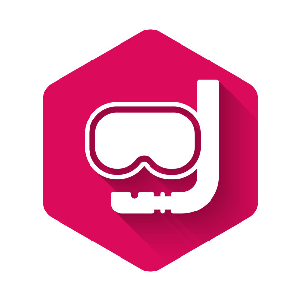 白色潜水面罩和浮潜图标与长阴影背景隔离。极限运动。水下潜水设备。粉红色六边形按钮。向量图片下载