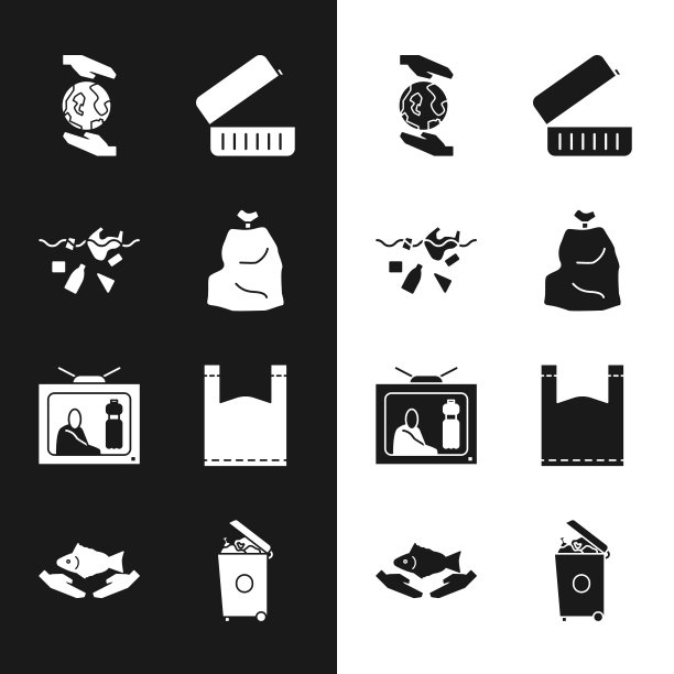 集垃圾袋，污染地球的问题，手拿地球，饭盒，停止塑料，塑料，垃圾桶和鱼护理图标。向量图片下载