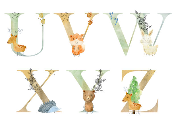 水彩动物字母。图片下载