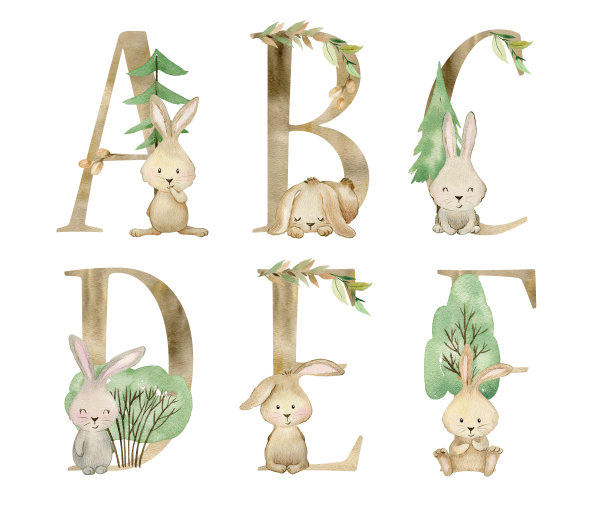 水彩动物字母。图片下载