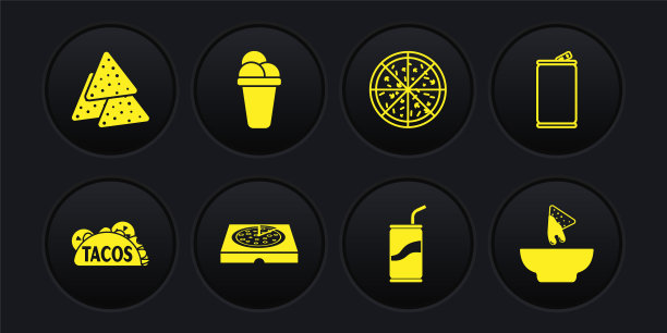 设置玉米饼，铝罐，比萨饼纸箱，苏打饮料吸管，冰淇淋，玉米片盘和图标。向量图片下载