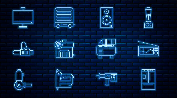 设置线路冰箱，收音机，立体声扬声器，空气压缩机，电锯，计算机显示器和电加热器图标。向量图片下载