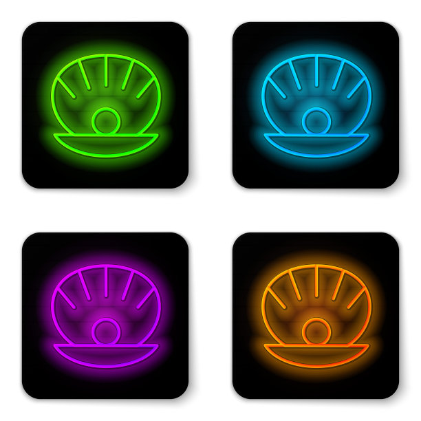 发光的霓虹灯线自然开放的贝壳与珍珠图标隔离在白色背景。扇贝的贝壳。海贝的迹象。黑色方形按钮。向量图片下载