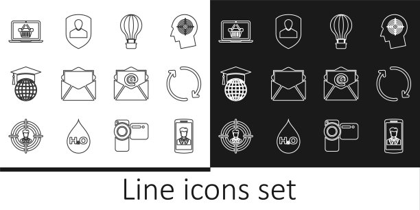 设置线智能手机与联系人，刷新，热气球，邮件和电子邮件，毕业帽地球仪，购物篮笔记本电脑，和用户保护图标。向量图片下载