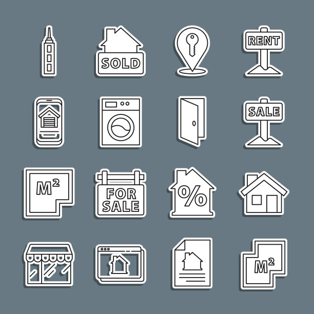 设置线房屋平面图，悬挂标志与销售，位置钥匙，洗衣机，在线房地产房子，摩天大楼和关门图标。向量图片下载