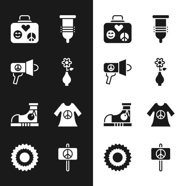 集花在花瓶，扩音器，旅行箱旅行，避孕套，运动鞋，和平服装印花邮票，和太阳图标。向量图片下载