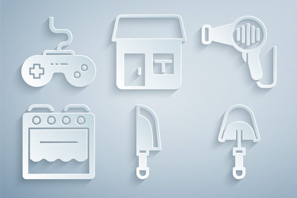 设置刀，吹风机，烤箱，抹刀，房子和手柄图标。向量图片下载