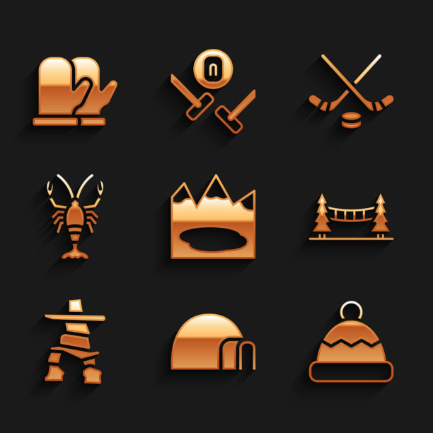 集加拿大湖，冰屋，豆帽，卡皮拉诺吊桥，Inukshuk，龙虾，冰球棍和冰球和圣诞手套图标。向量图片下载