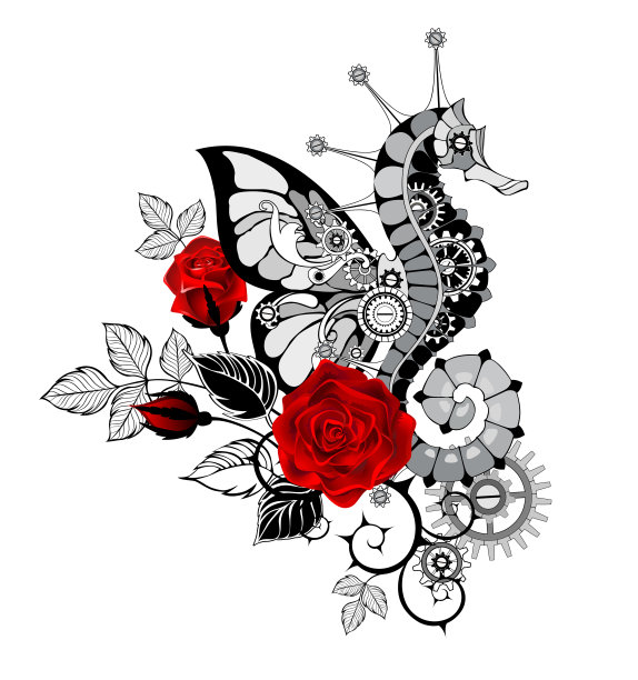 带有红玫瑰的机械海马图片下载